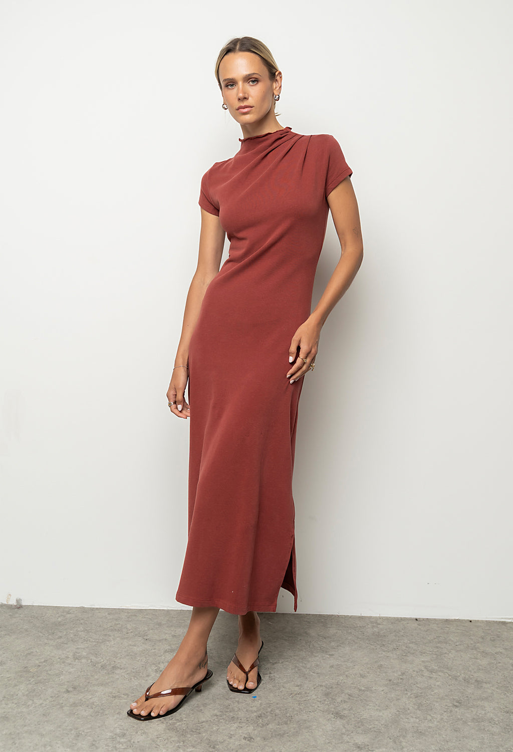 Isla Ruched Maxi Dress in Brick
