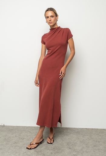 Isla Ruched Maxi Dress in Brick