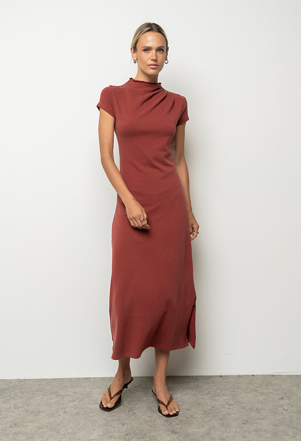 Isla Ruched Maxi Dress in Brick
