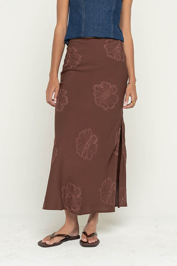 Jayda Embroidered Maxi Skirt in Brown