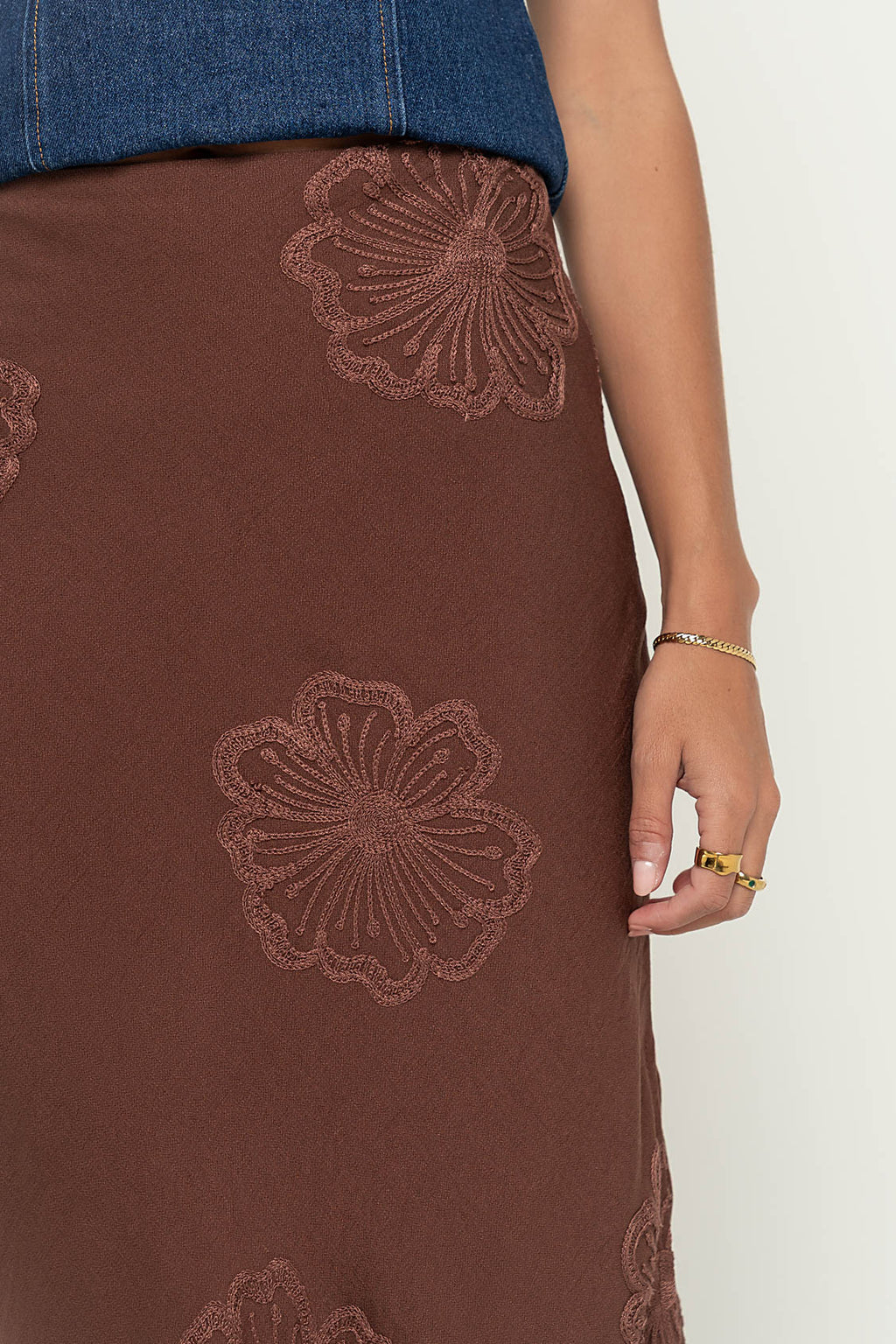 Jayda Embroidered Maxi Skirt in Brown