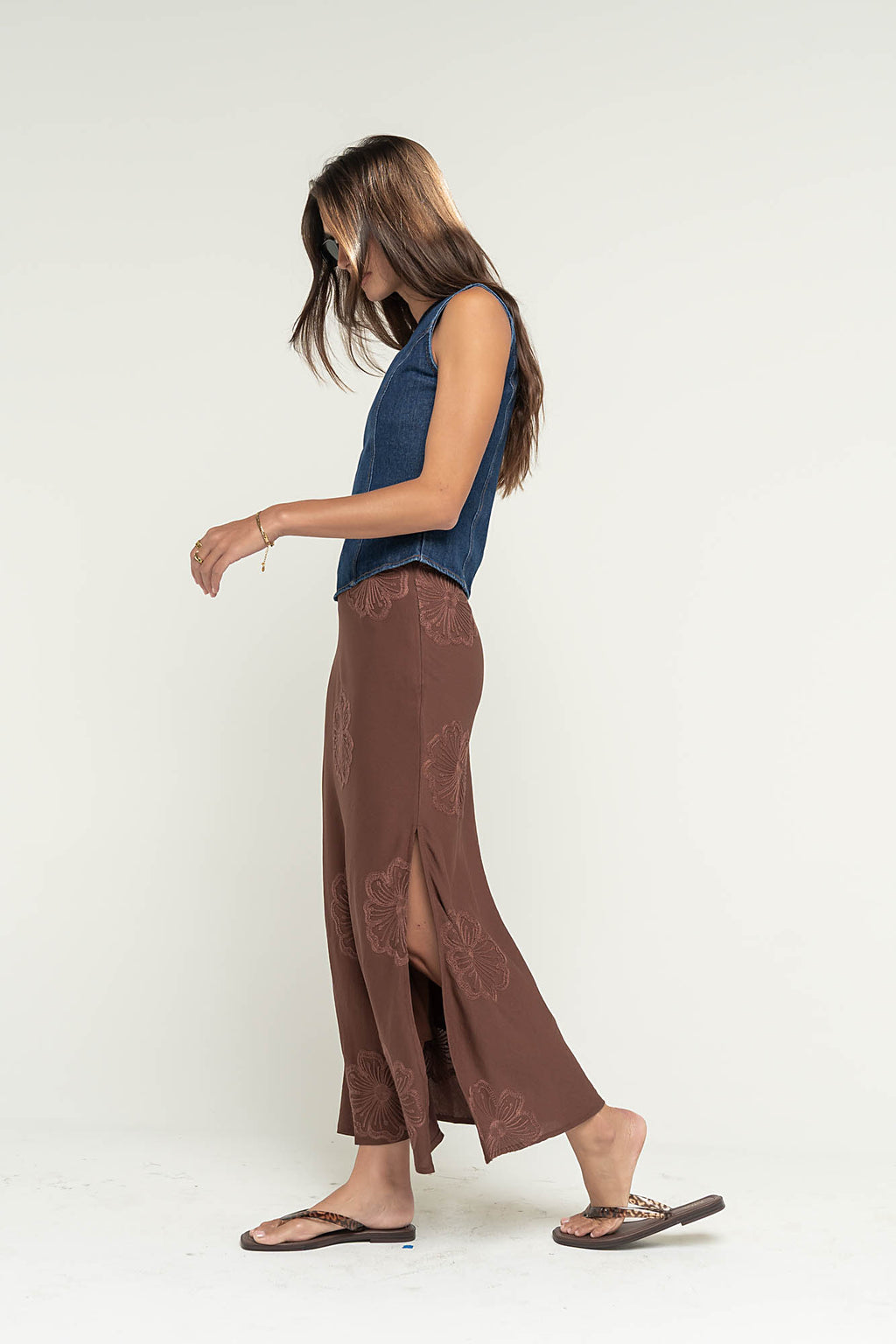 Jayda Embroidered Maxi Skirt in Brown