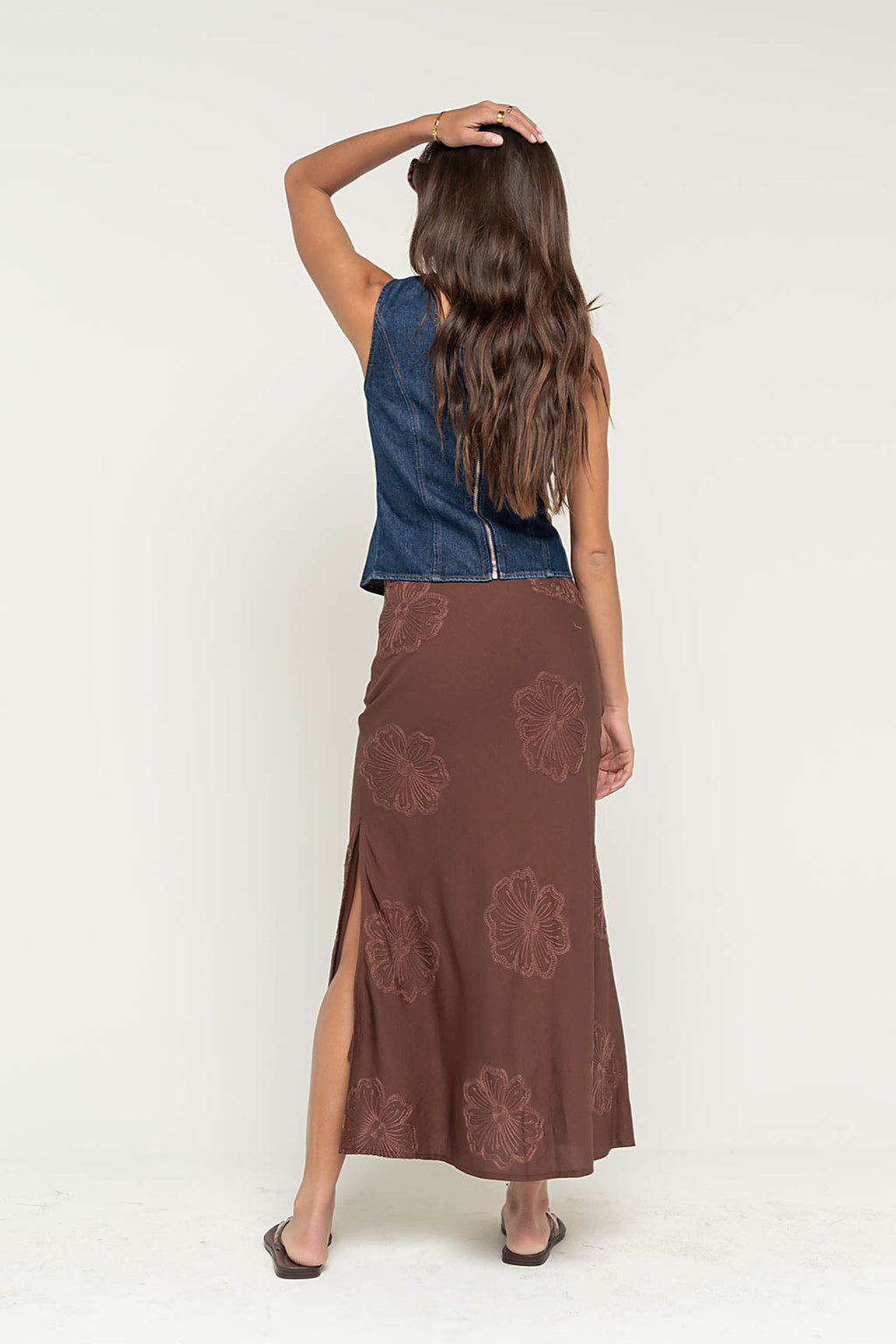 Jayda Embroidered Maxi Skirt in Brown
