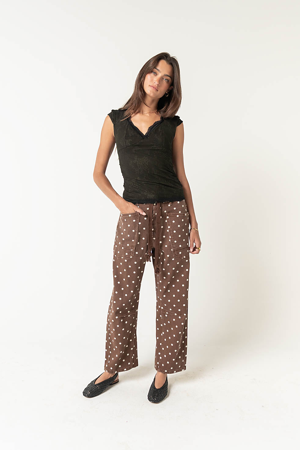 Priya Polka Dot Barrel Jeans in Brown