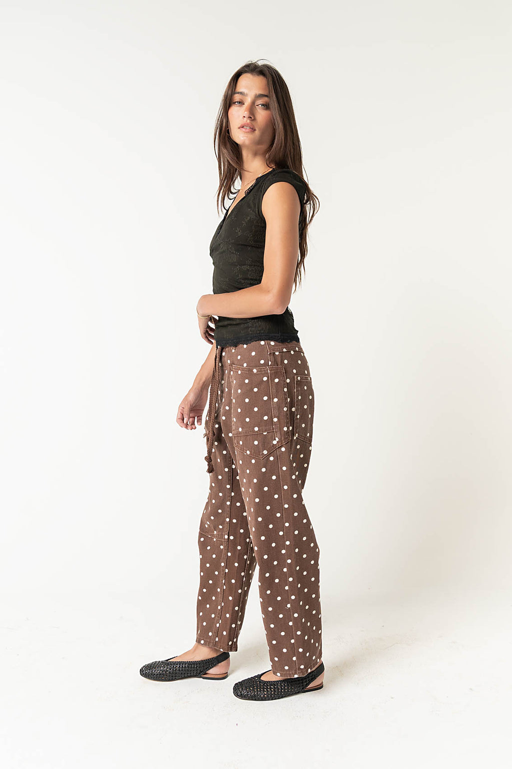 Priya Polka Dot Barrel Jeans in Brown