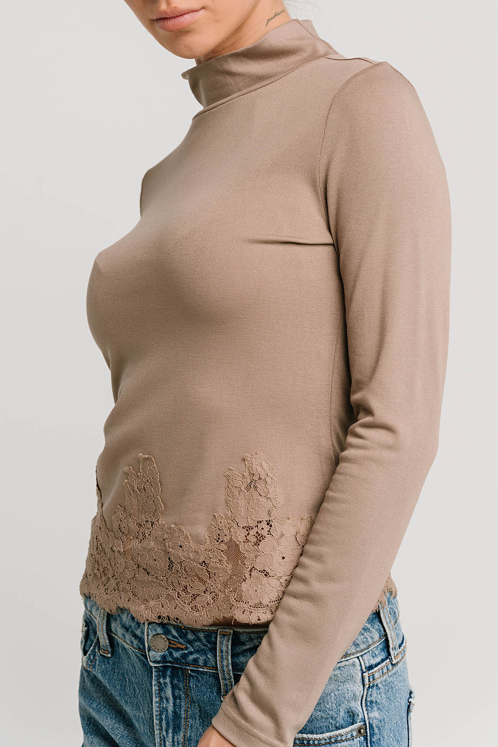 Kesley Lace Mock Neck Top in Taupe
