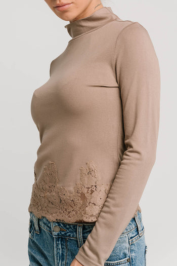 Kesley Lace Mock Neck Top in Taupe