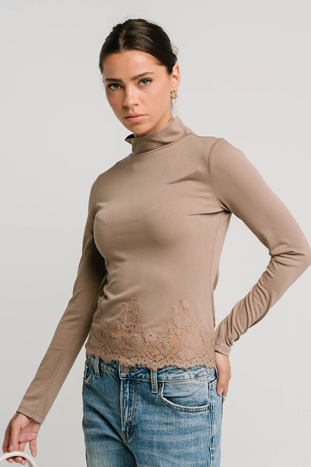 Kesley Lace Mock Neck Top in Taupe
