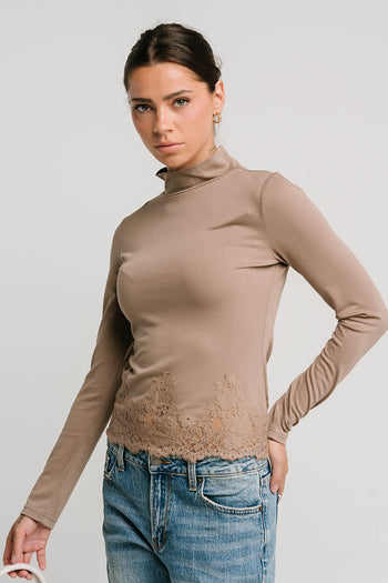 Kesley Lace Mock Neck Top in Taupe