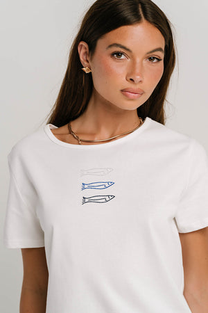 Ashley Embroidered Fish Baby Tee in White