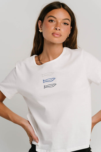 Ashley Embroidered Fish Baby Tee in White