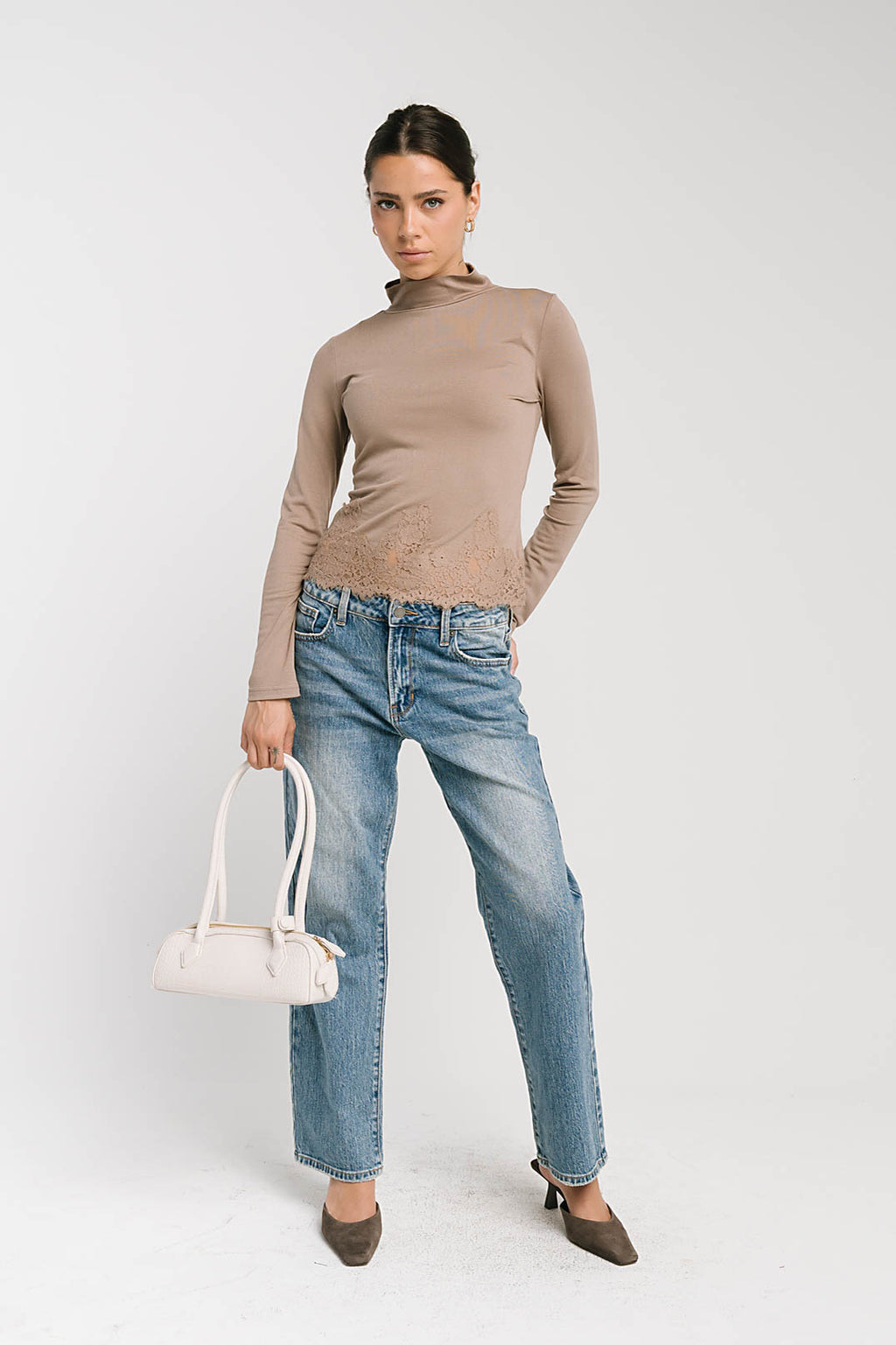 Kesley Lace Mock Neck Top in Taupe
