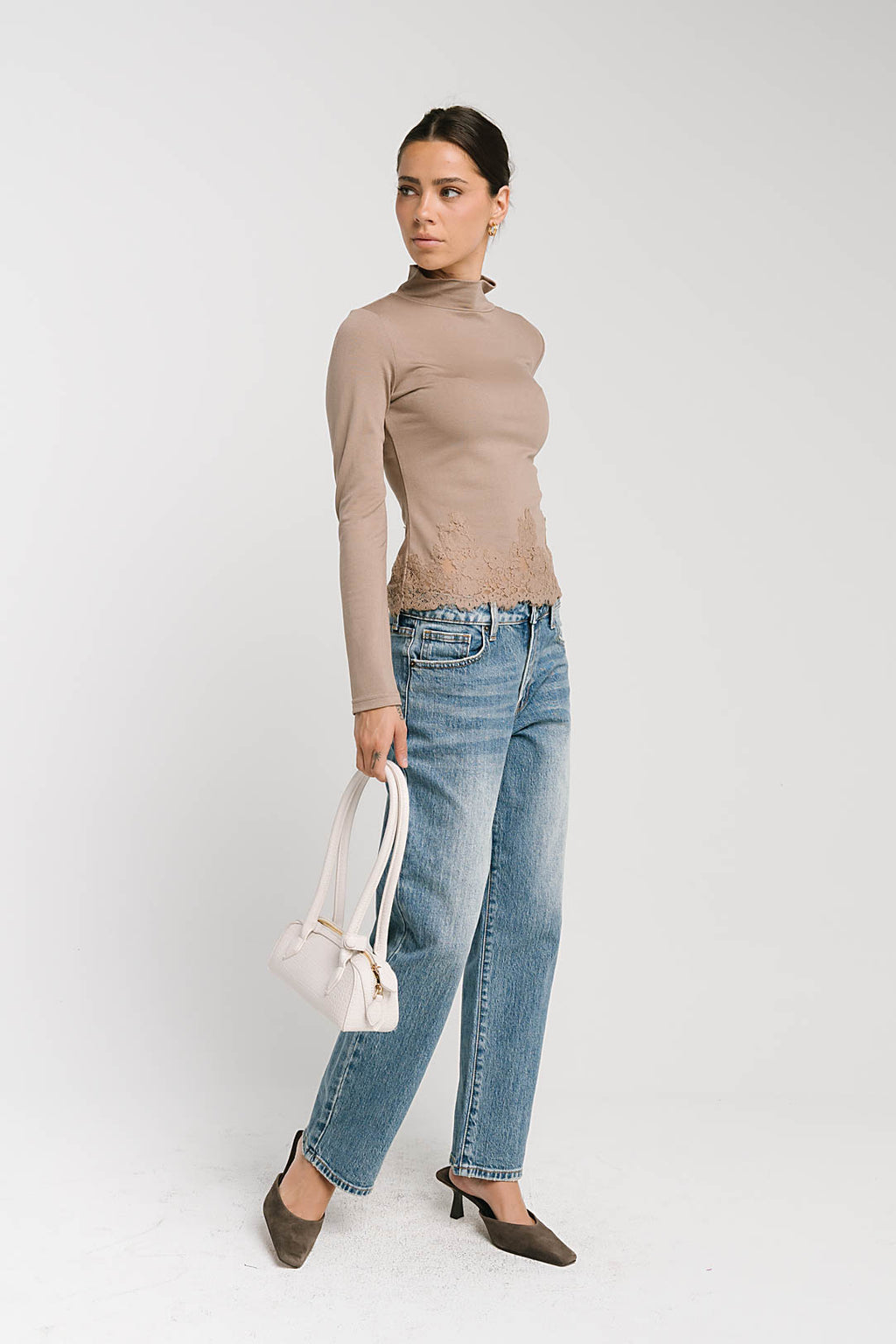Kesley Lace Mock Neck Top in Taupe