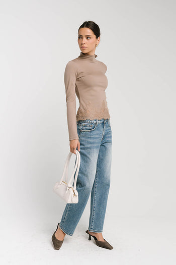 Kesley Lace Mock Neck Top in Taupe