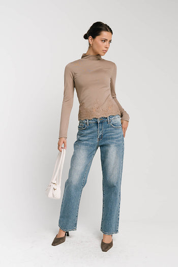 Kesley Lace Mock Neck Top in Taupe