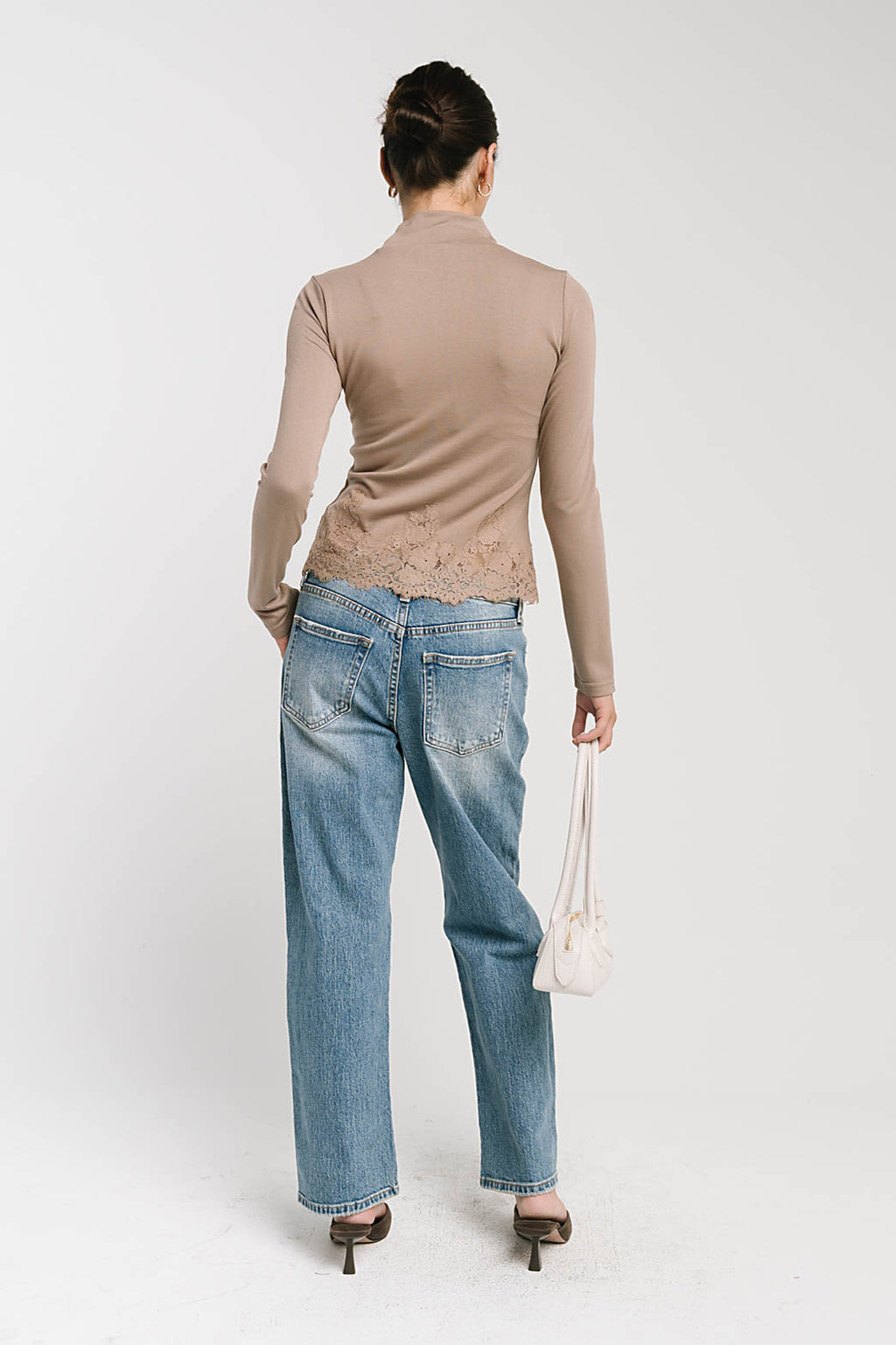 Kesley Lace Mock Neck Top in Taupe