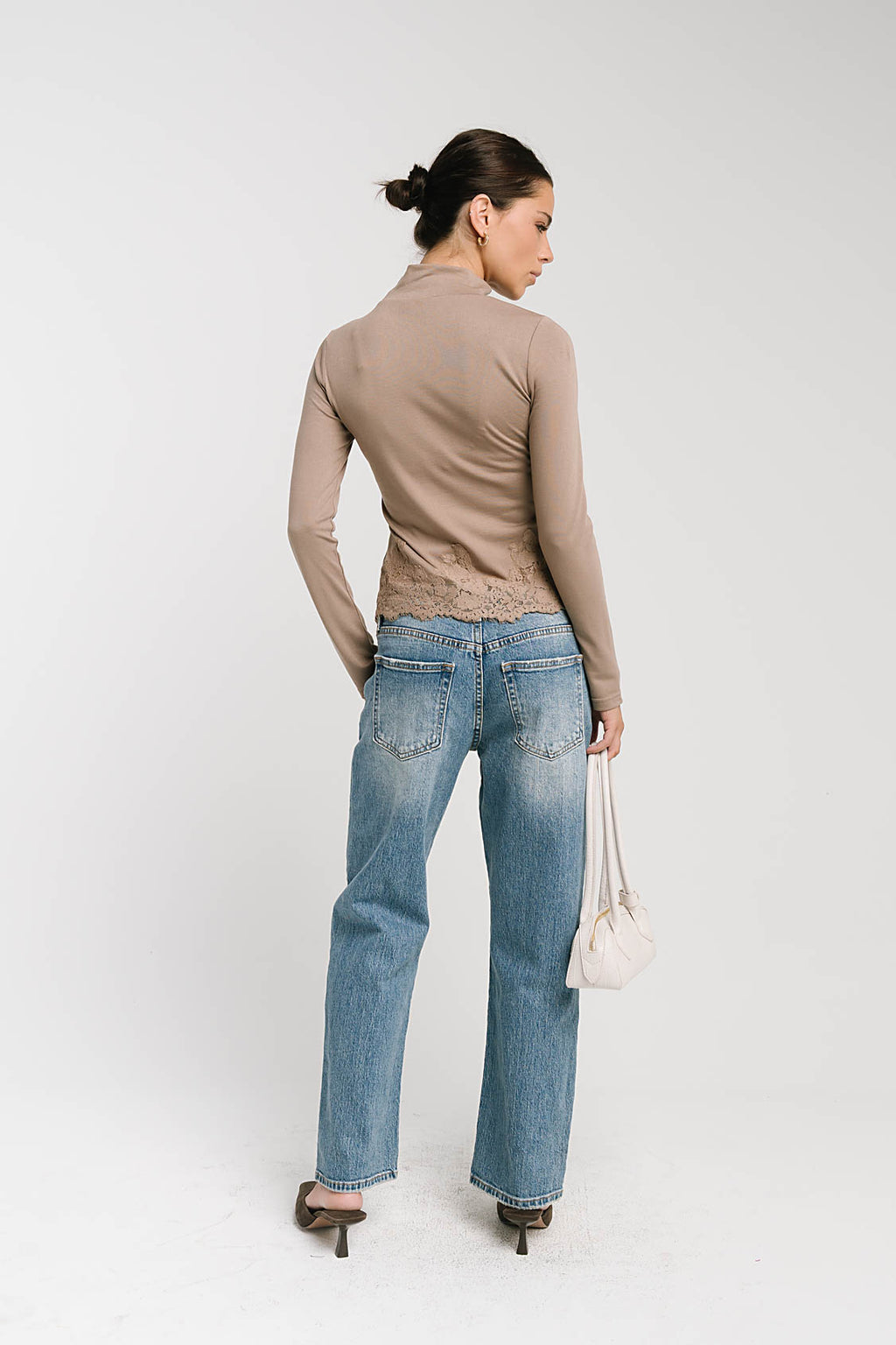 Kesley Lace Mock Neck Top in Taupe