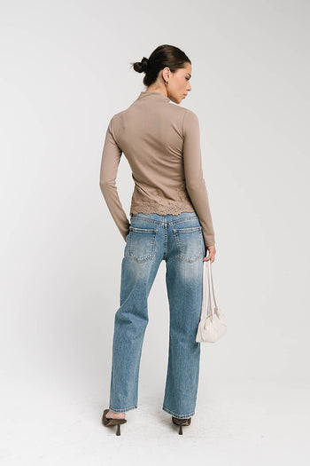Kesley Lace Mock Neck Top in Taupe
