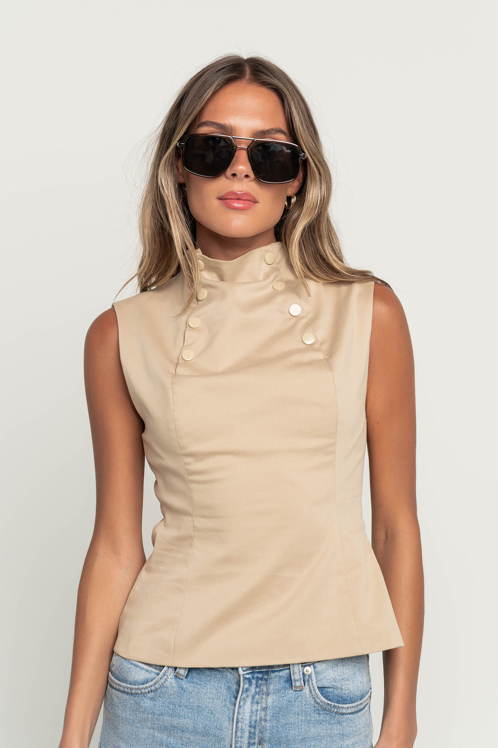 Kaia Mock Neck Tank in Tan