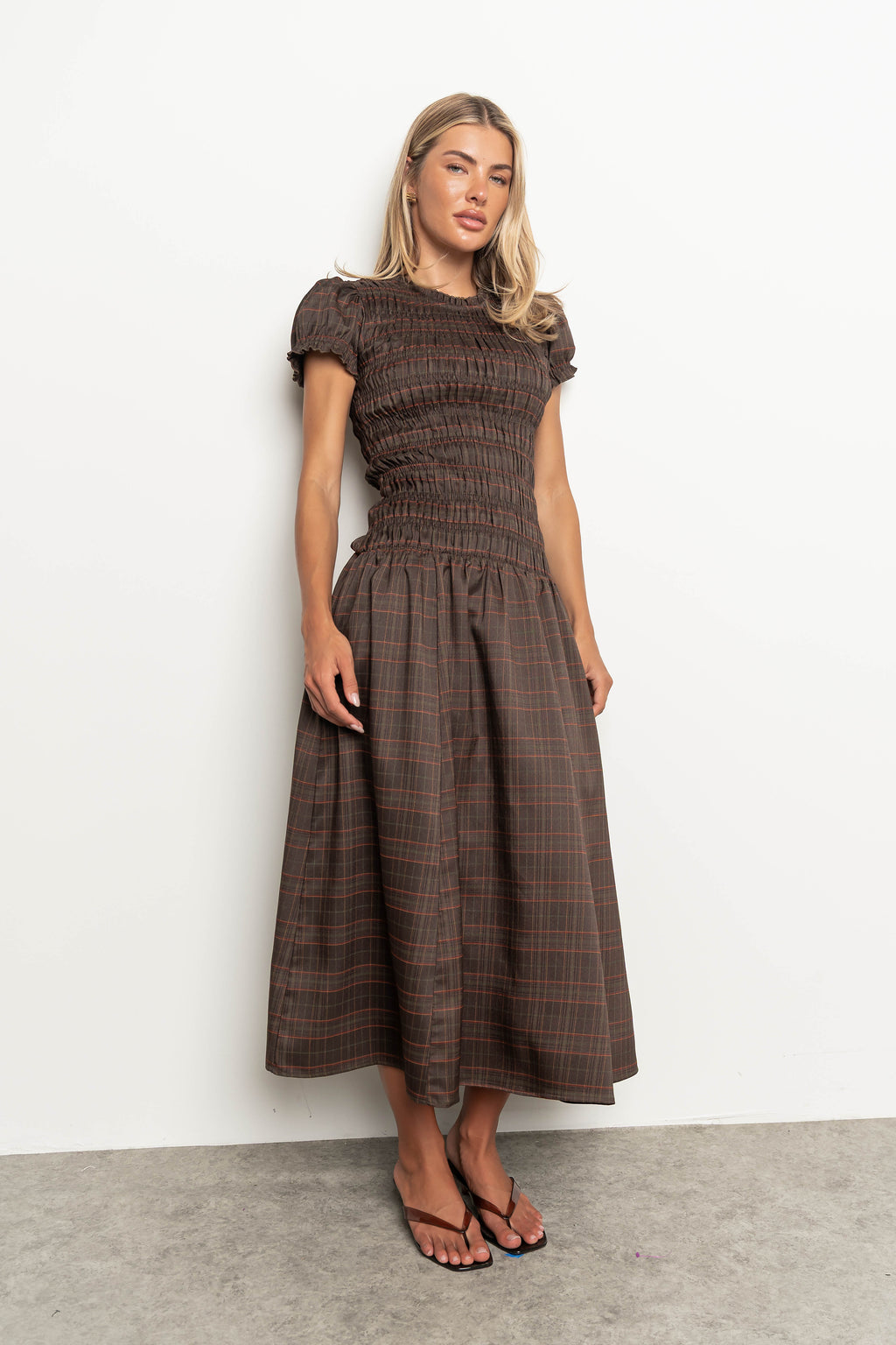 Opal Gingham Maxi Dress in Dark Brown