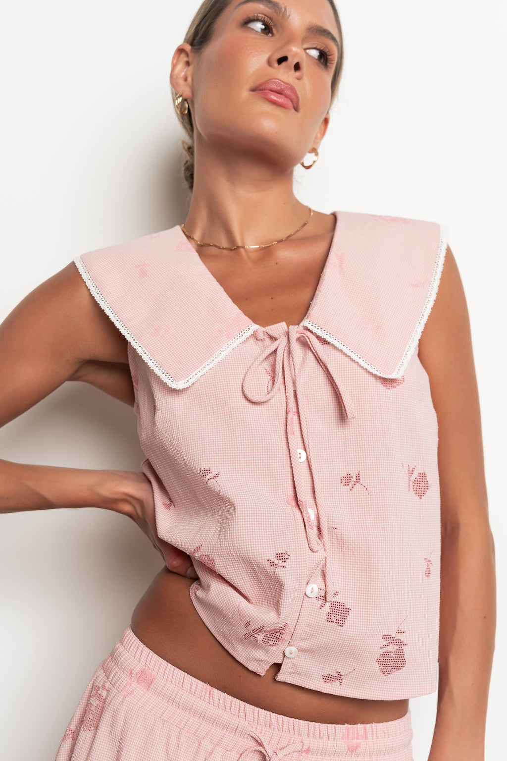 Karrie Gingham Collared Tank in Salmon