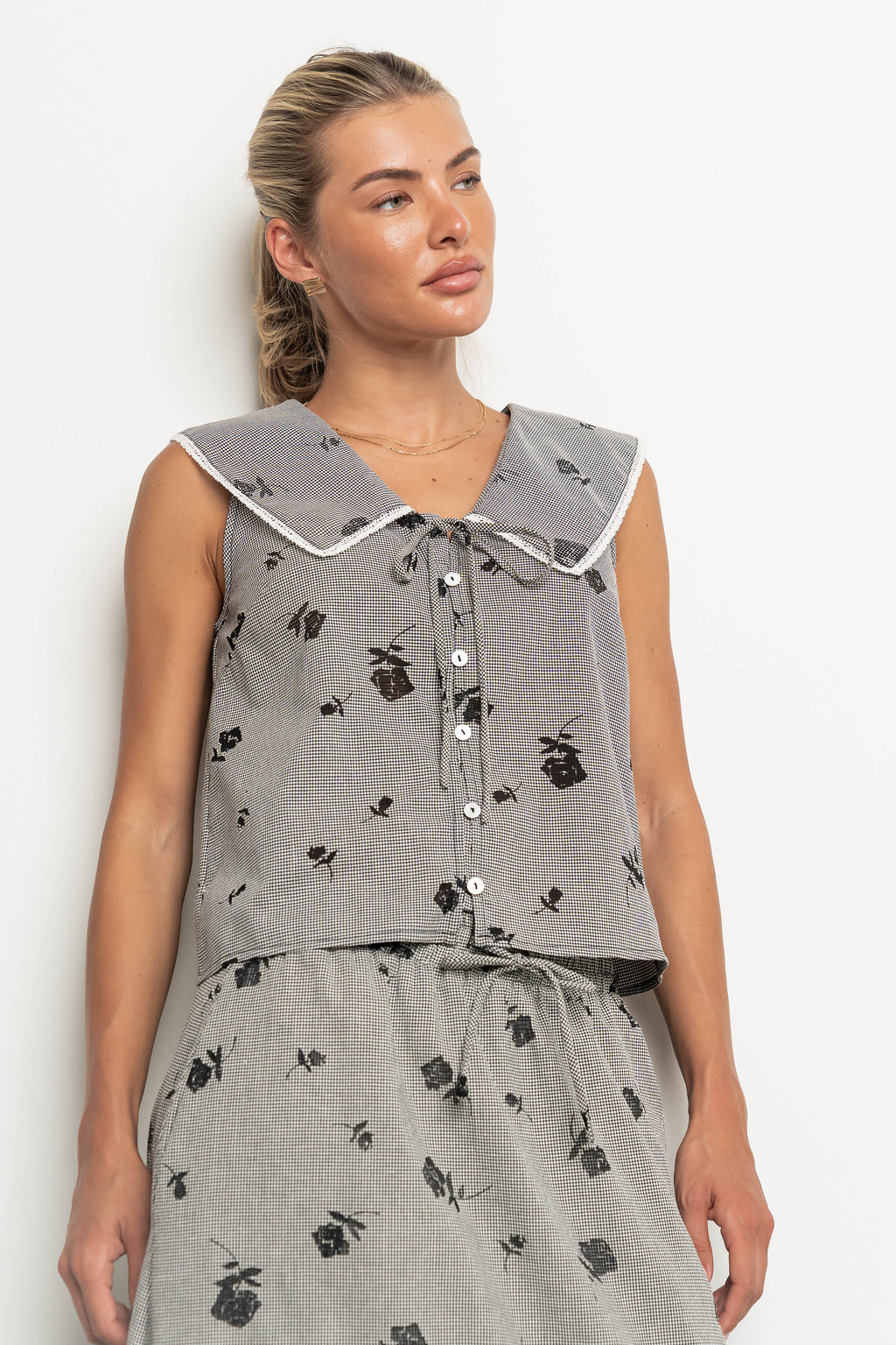 Karrie Gingham Collared Tank in Black