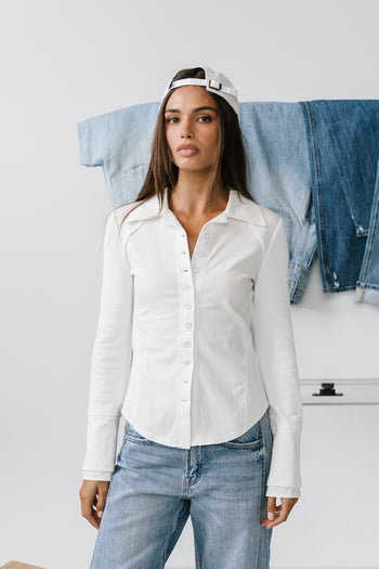 Alisa Mixed Media Button Up in White