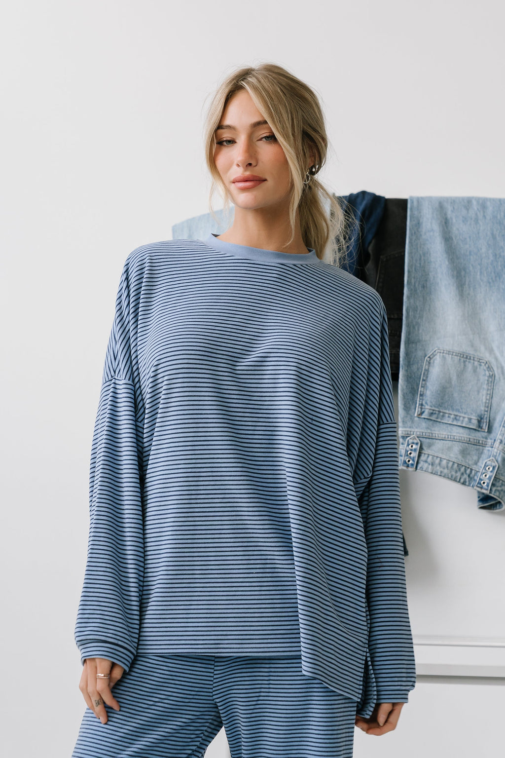 Shelby Striped Top in Dusty Blue