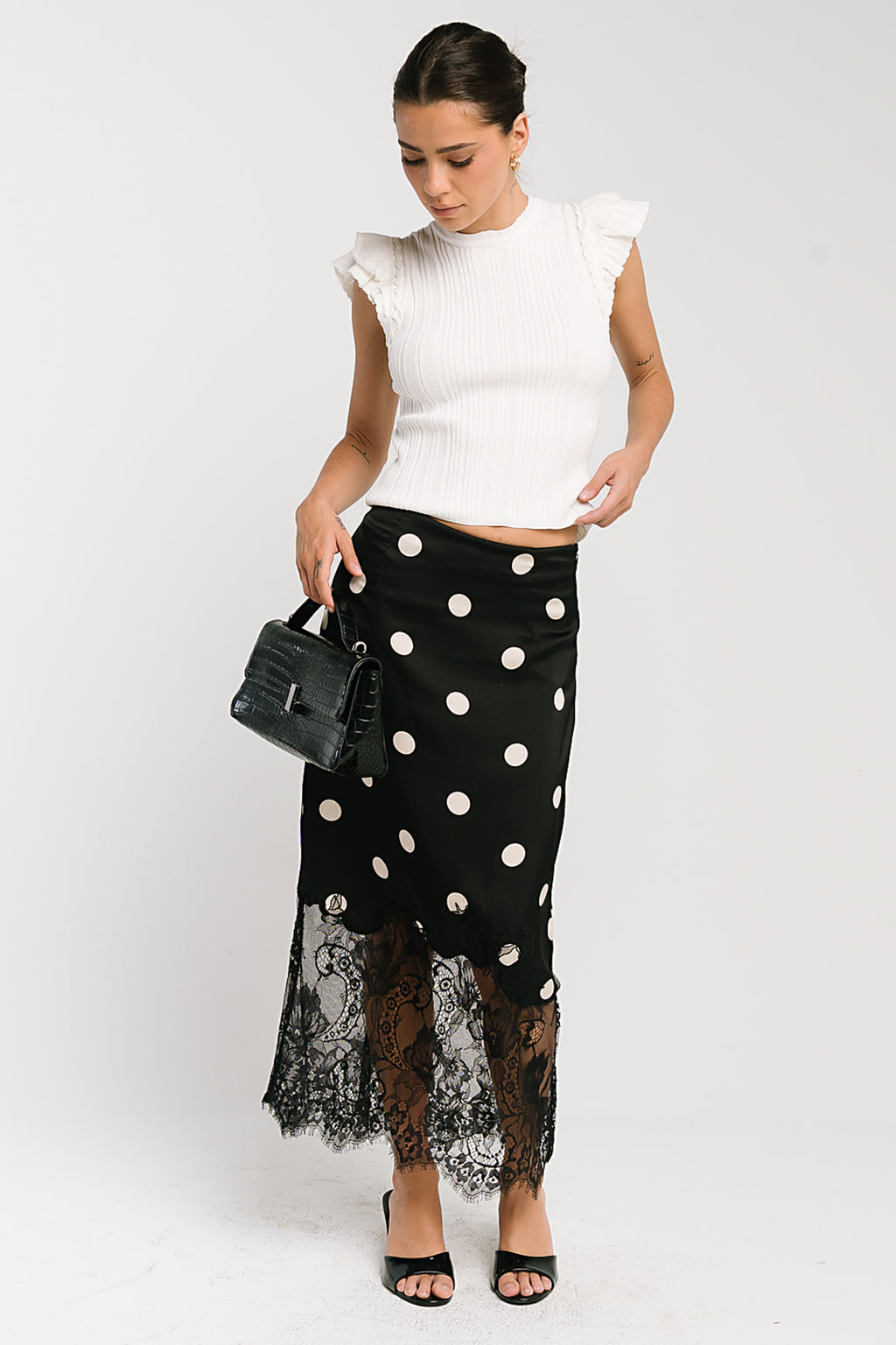 Carlee Polka Dot Midi Skirt in Black