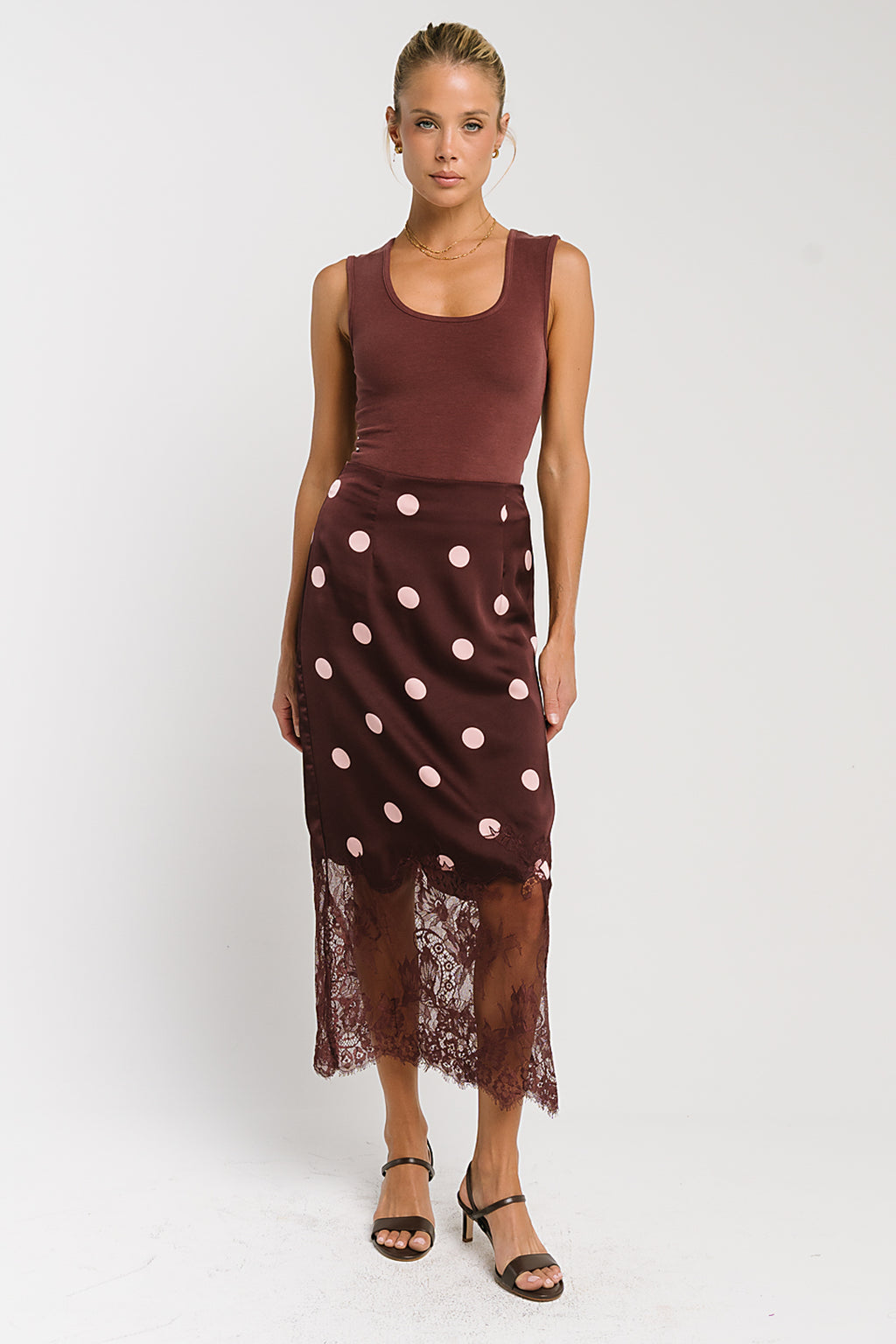 Carlee Polka Dot Midi Skirt in Wine