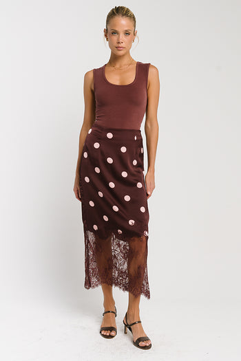 Carlee Polka Dot Midi Skirt in Wine