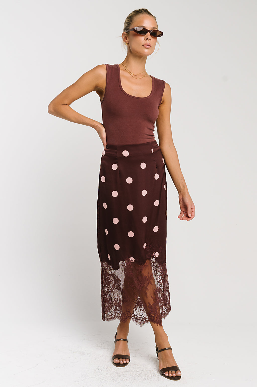 Carlee Polka Dot Midi Skirt in Wine