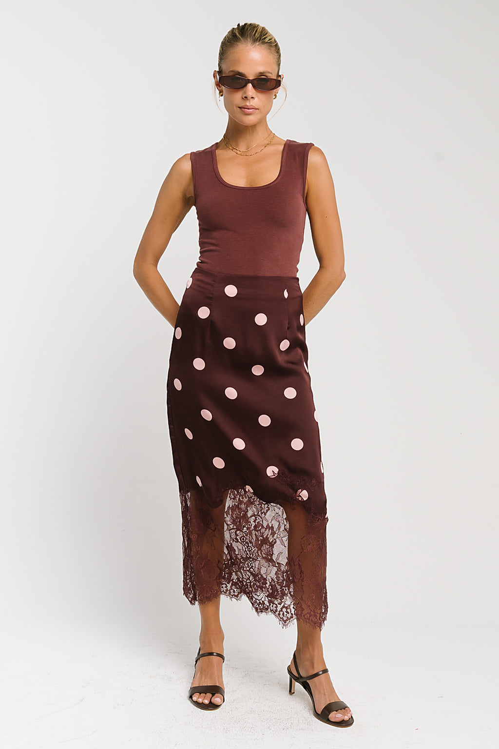 Carlee Polka Dot Midi Skirt in Wine