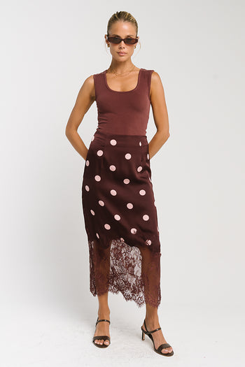 Carlee Polka Dot Midi Skirt in Wine