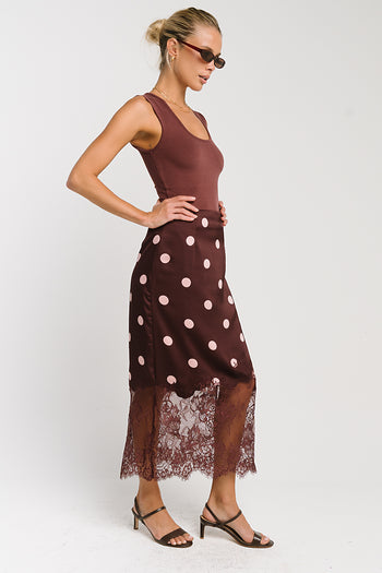 Carlee Polka Dot Midi Skirt in Wine