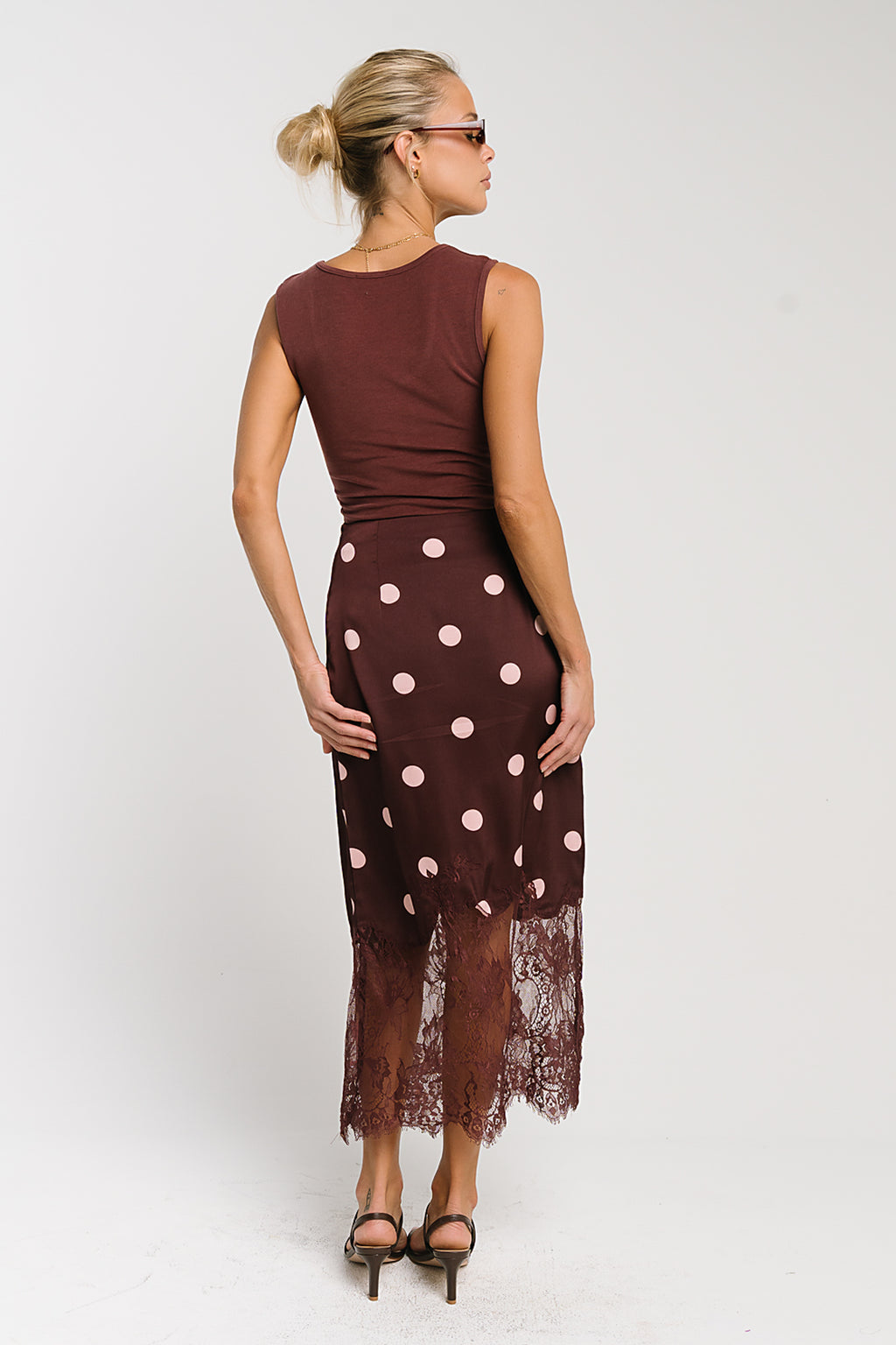 Carlee Polka Dot Midi Skirt in Wine