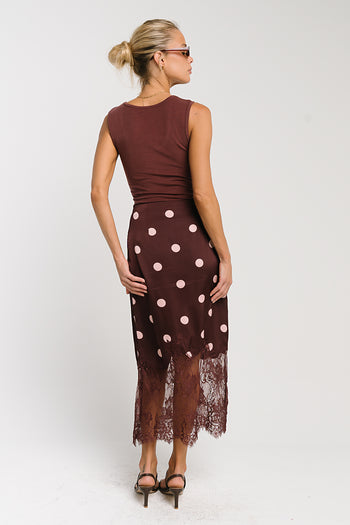 Carlee Polka Dot Midi Skirt in Wine