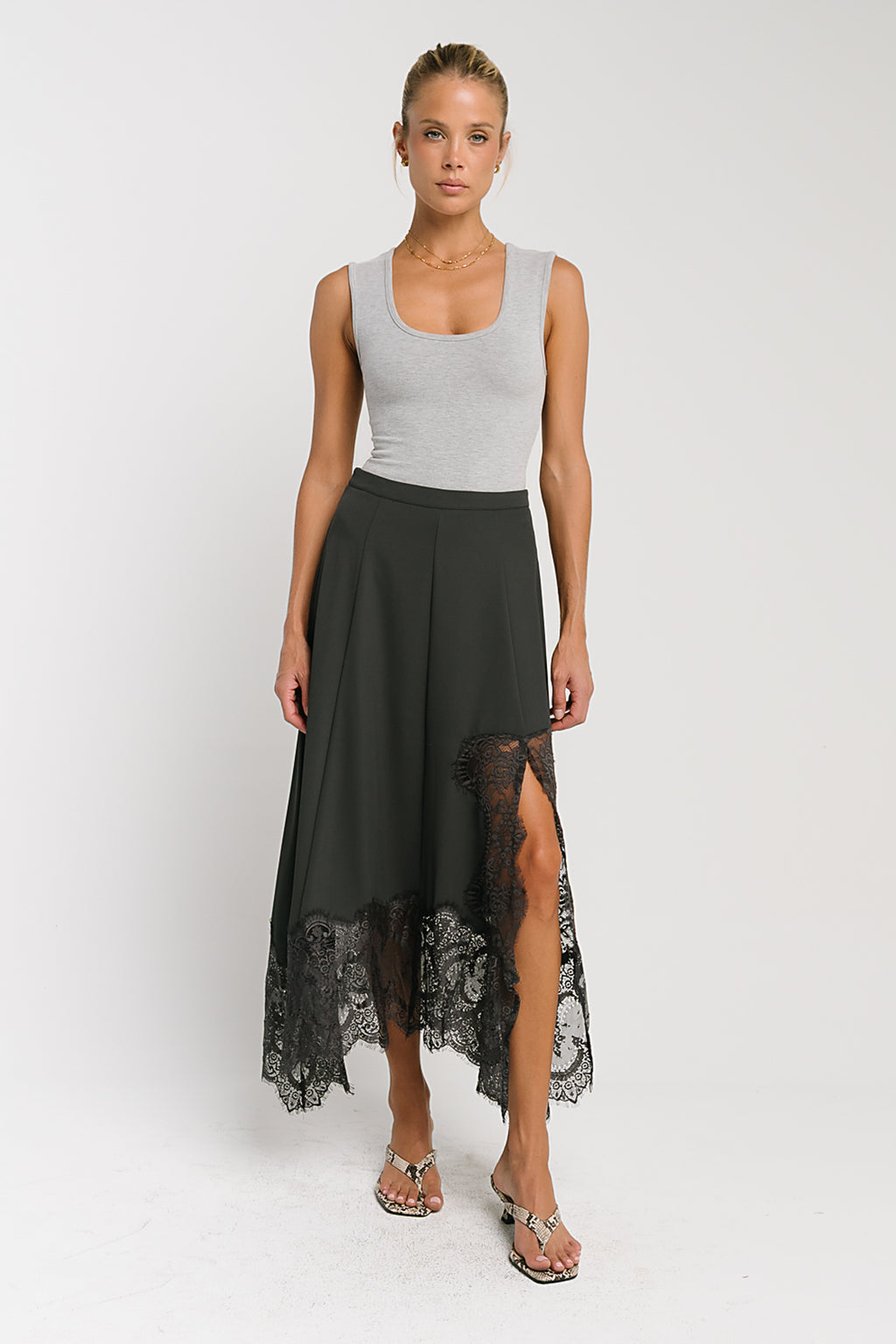 Rachelle Lace Midi Skirt in Charcoal