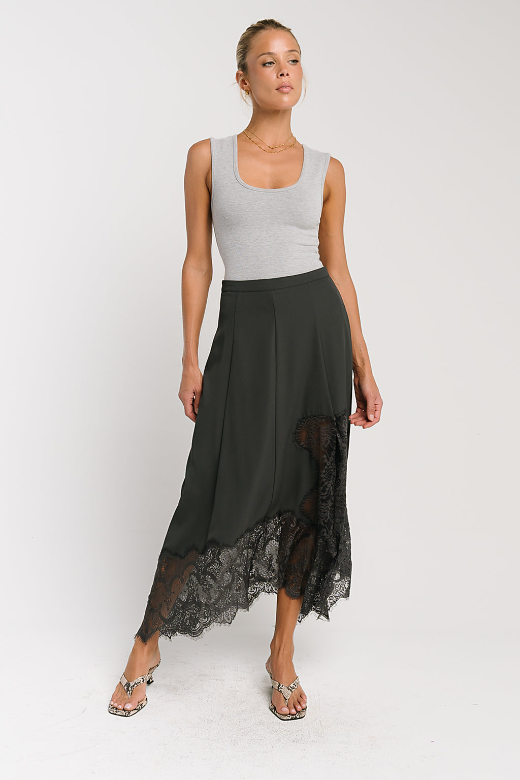 Rachelle Lace Midi Skirt in Charcoal