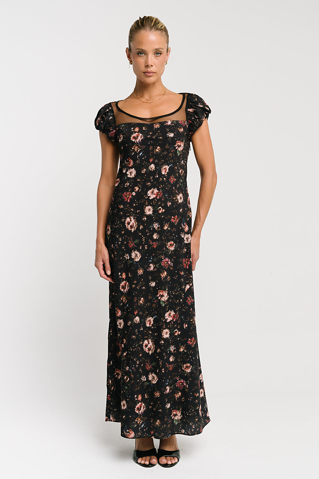 Ellie Mesh Floral Maxi Dress in Black