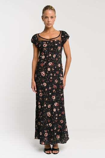 Ellie Mesh Floral Maxi Dress in Black