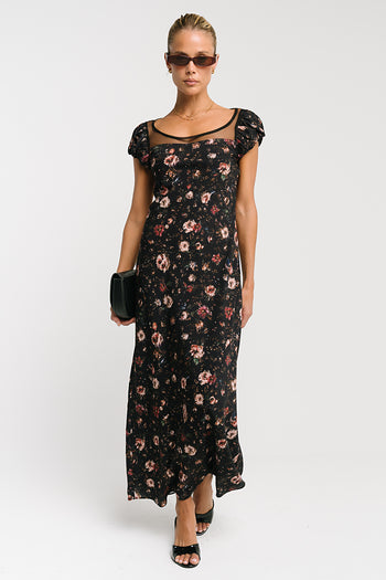 Ellie Mesh Floral Maxi Dress in Black