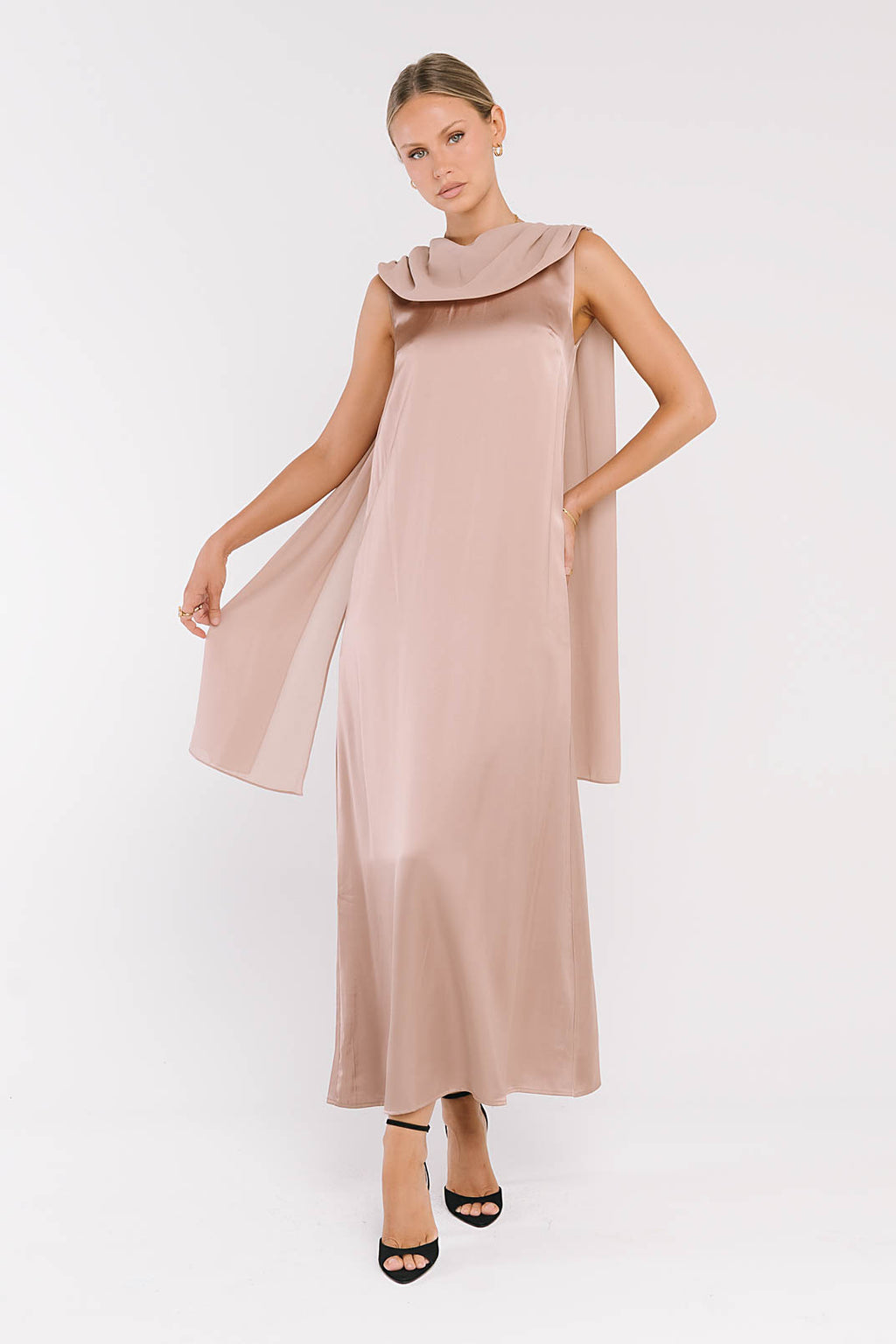 Lauren Satin Maxi Dress in Taupe