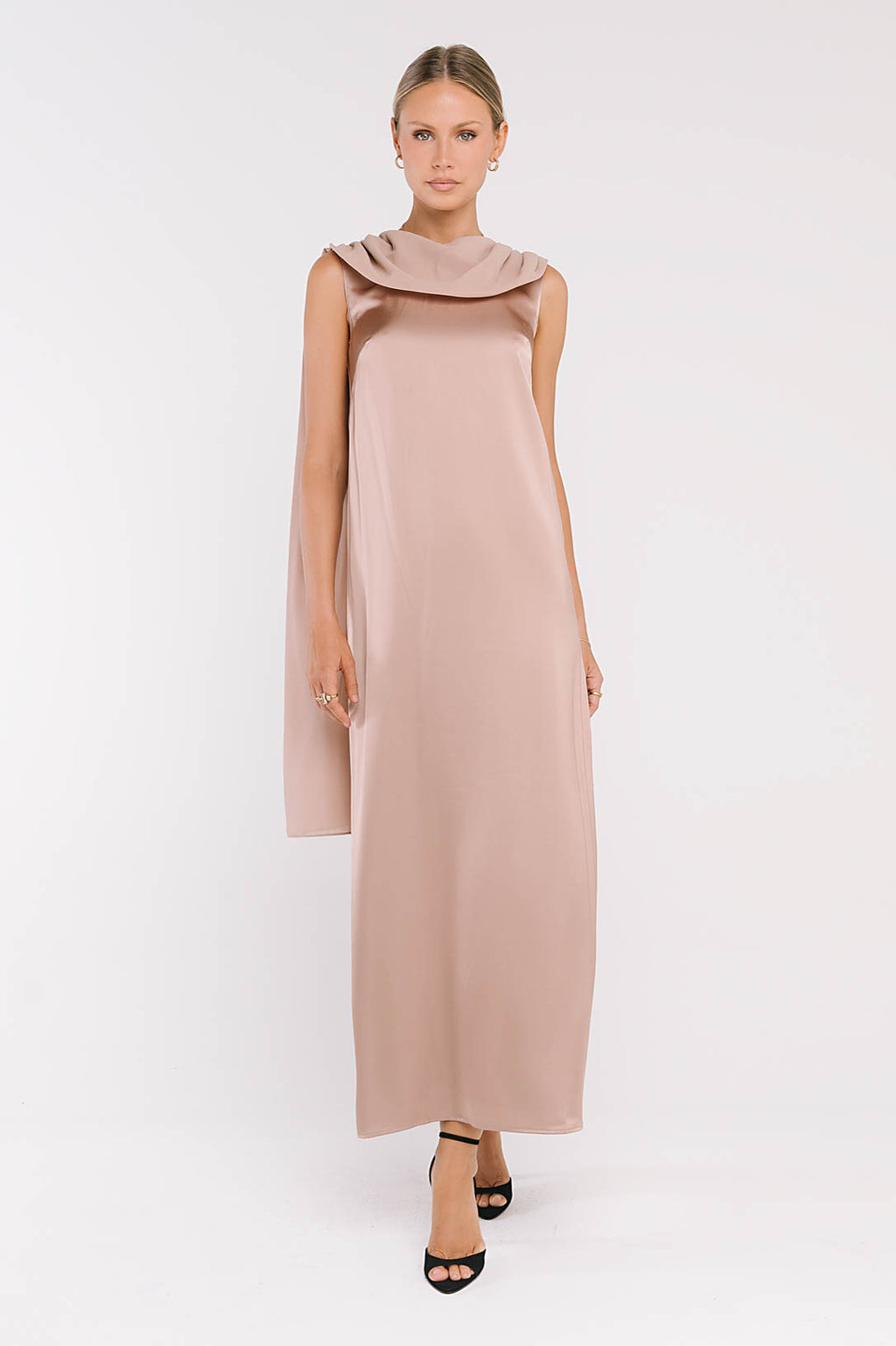 Lauren Satin Maxi Dress in Taupe