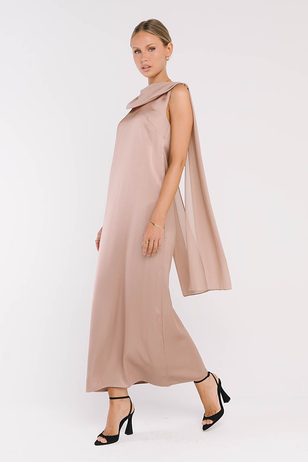 Lauren Satin Maxi Dress in Taupe
