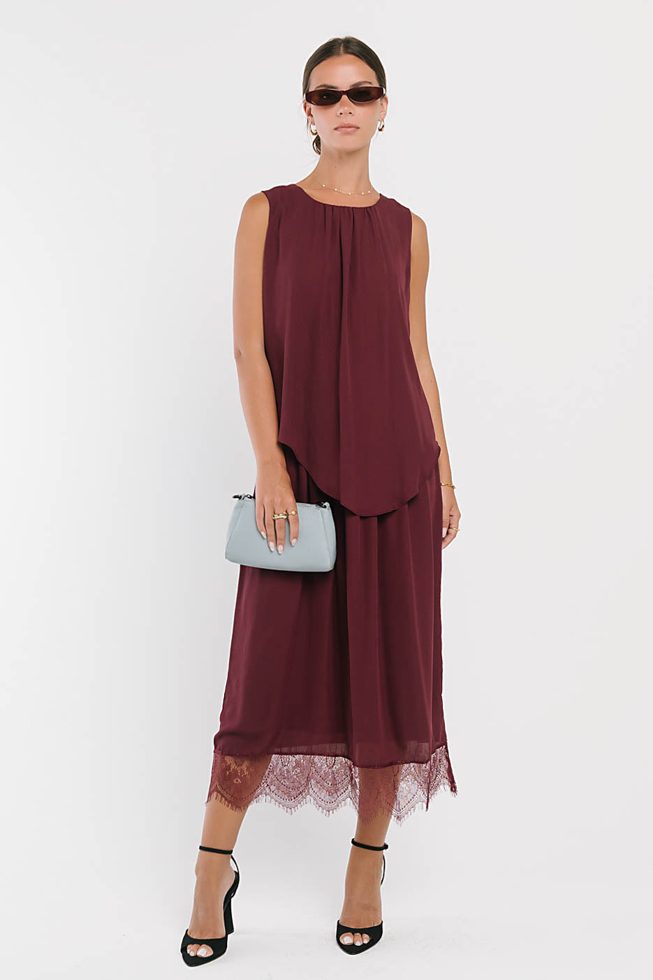 Eleanor Tiered Midi Dress in Plum