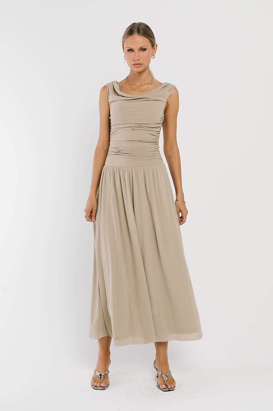 Luna Ruched Maxi Dress in Taupe