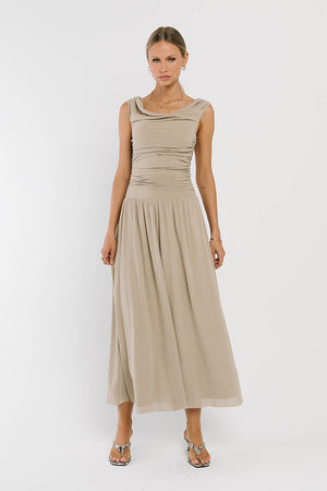 Luna Ruched Maxi Dress in Taupe