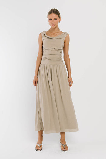 Luna Ruched Maxi Dress in Taupe