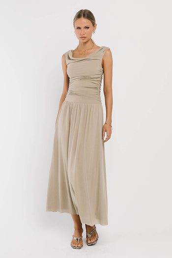 Luna Ruched Maxi Dress in Taupe